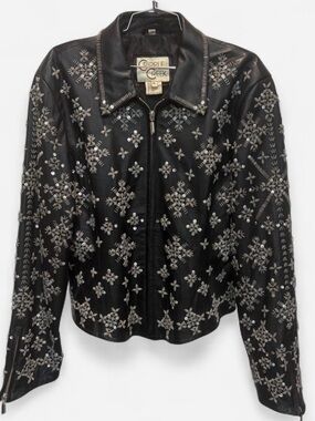 Cripple creek black leather jacket silver snowflake embellishments zipper XL